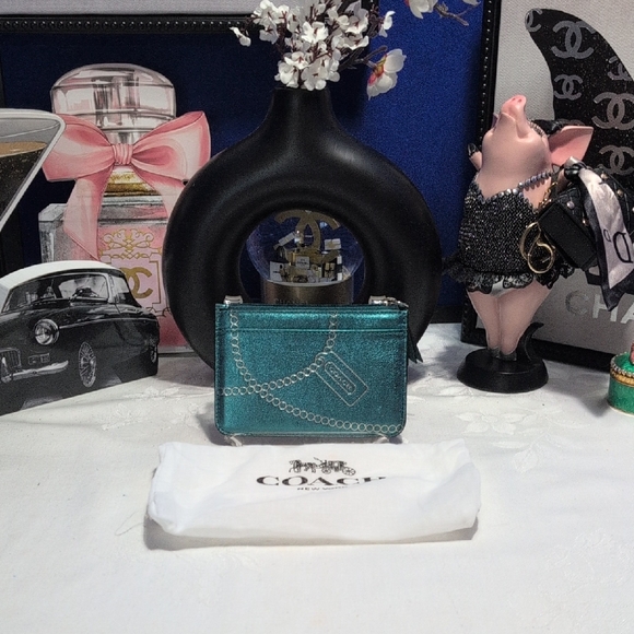 Coach Accessories - Coach Metallic Teal And Silver Leather Wallet/Card Holder With Keyring